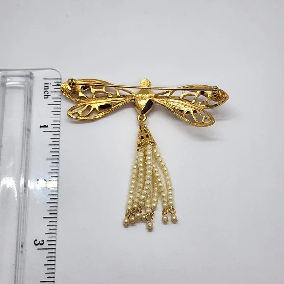 Avon Dragon Fly Gold & Faux Pearl Brooch Pendant - Picture 11 of 17